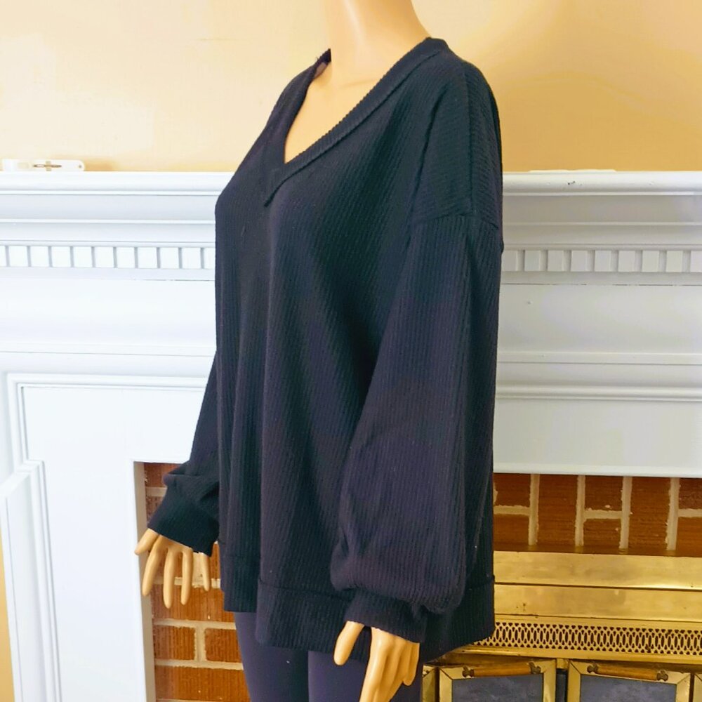 Andree By Unit Ribbed V-neck Sweater XL Black Long Puff Sleeves